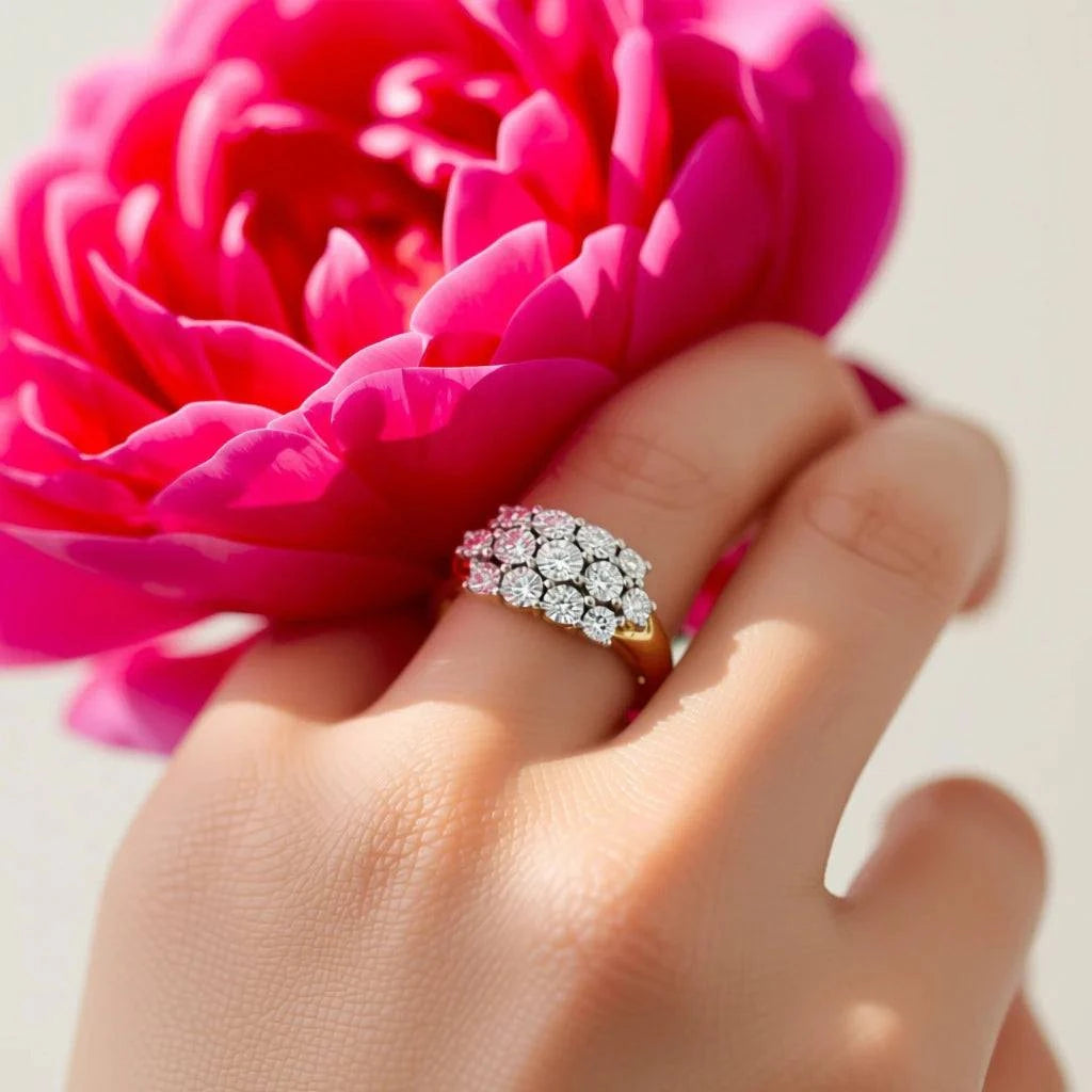 Brilliant ladies sterling silver diamond ring size 7 on hand with pink flower background