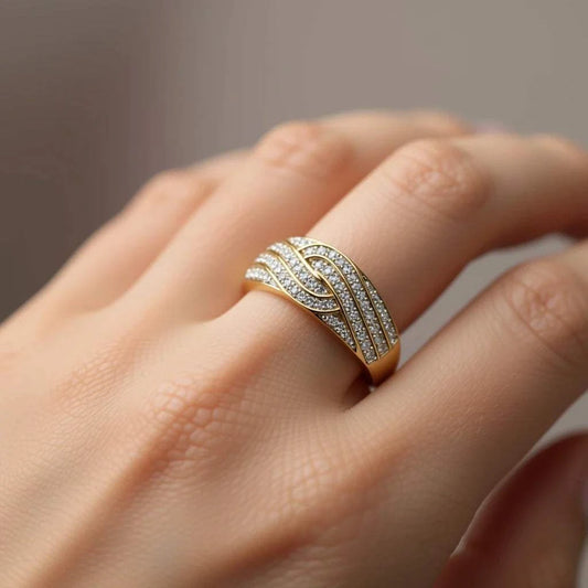 Women’s 14K yellow gold diamond ring with round-cut diamonds on hand size 7