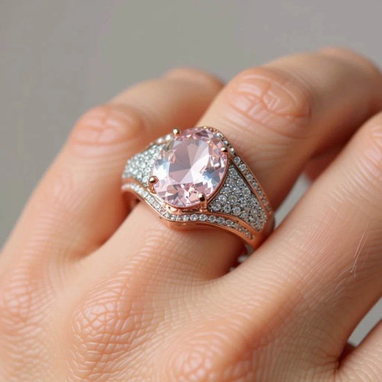 Gorgeous women’s 10K rose gold Morganite and white Zircon ring with oval-cut pink Morganite centerpiece