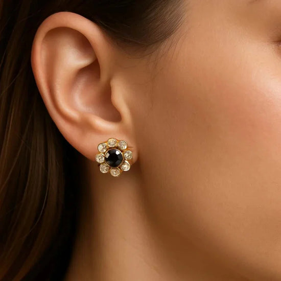 Women’s 18K yellow gold plated sterling silver earrings with oval sapphires and round diamonds stud design