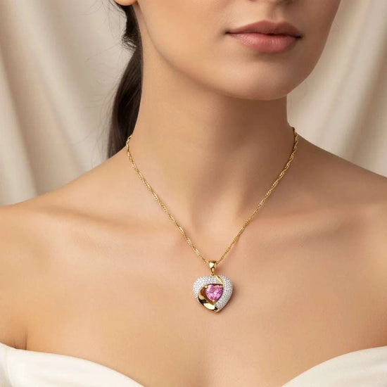 Women’s 14K yellow gold necklace with heart-cut pink topaz and round-cut diamonds pendant, 18 inches