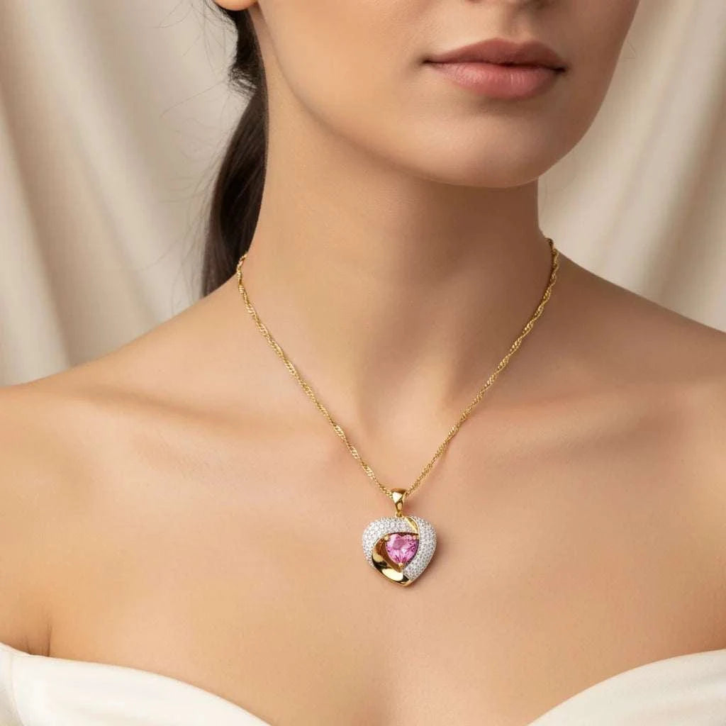 Women’s 14K yellow gold necklace with heart-cut pink topaz and round-cut diamonds pendant, 18 inches