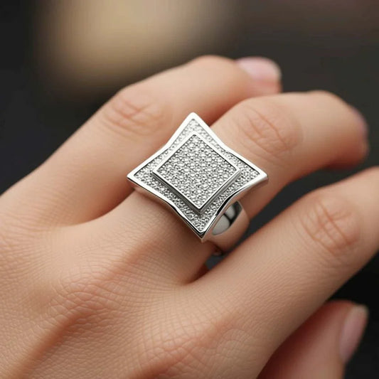 Men's 14K white gold plated sterling silver diamond band ring with geometric design