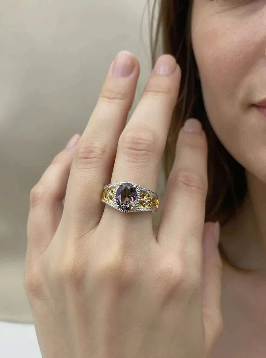 Gorgeous women’s 14K yellow gold plated sterling silver ring with 3.25 CTW mystic topaz and diamond accents size 7