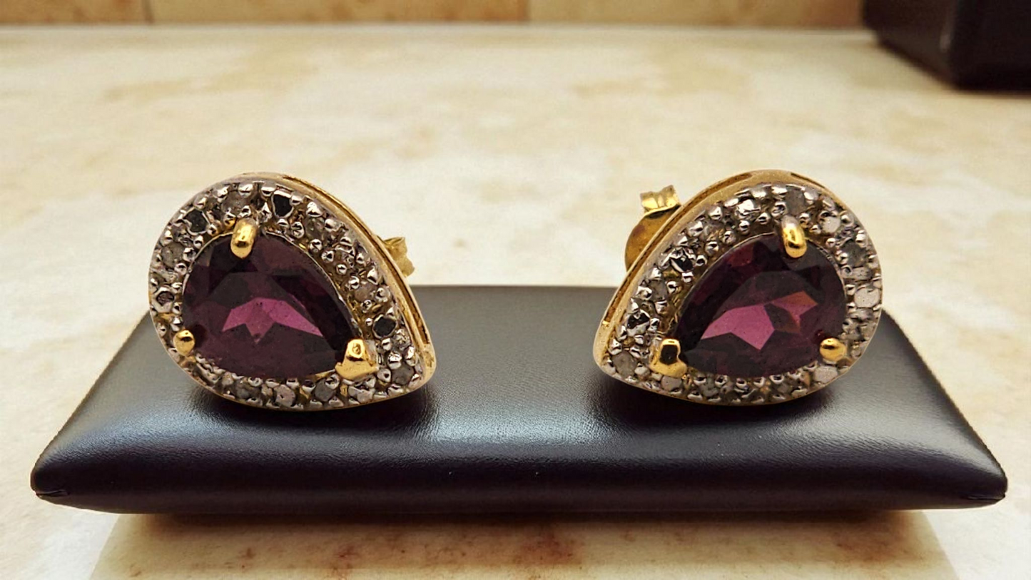 Gorgeous Womens 18K Yellow Gold Over Sterling Silver Garnet and Diamond Designer Droplet Earrings